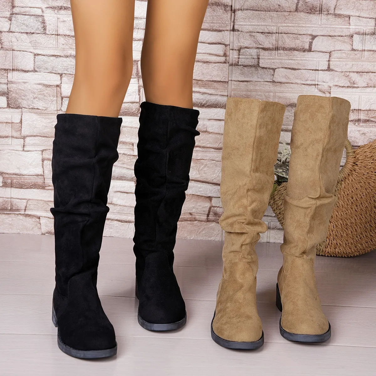Street Fashion Rome - Botas plissadas femininas camurça falsa rebanho