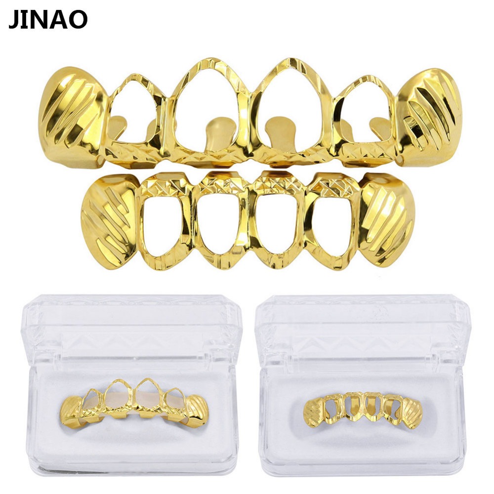 Street Fashion Jewelry - JINAO-Conjunto D-Cut Grillz, cor dourada pura,